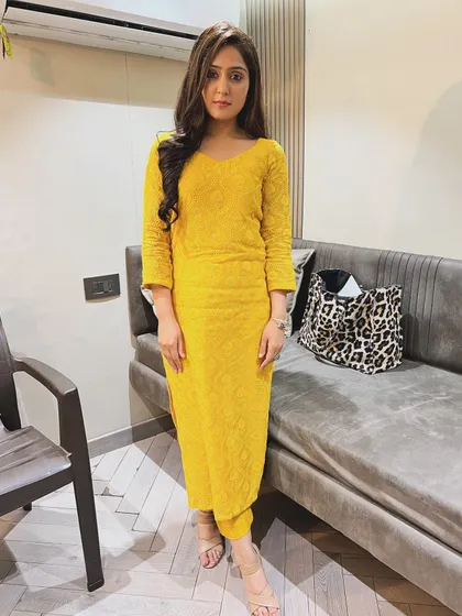Another look from the '#Vanshaj' project. This bright yellow chikankari kurta set is a great example of styling with classic Indian ethnic wear for the screen.