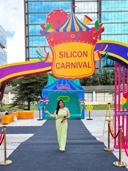 Welcoming guests to the vibrant and colorful Google Silicon Carnival. I love bringing a fun, high-energy vibe to tech festivals and large-scale public celebrations.