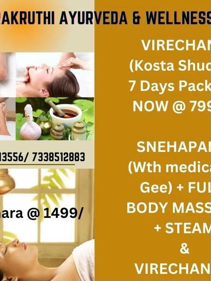 (Duplicate of ID 13) This graphic details my special packages for Virechana and Shirodhara, two powerful Ayurvedic therapies for detoxification and stress relief.