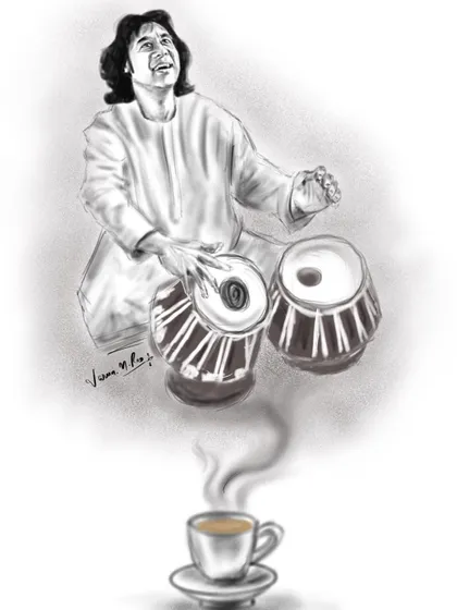 A classic black-and-white digital sketch paying tribute to the tabla maestro, Ustad Zakir Hussain. This style has a timeless, charcoal-on-paper feel and is great for capturing emotion and character in a more subtle way.