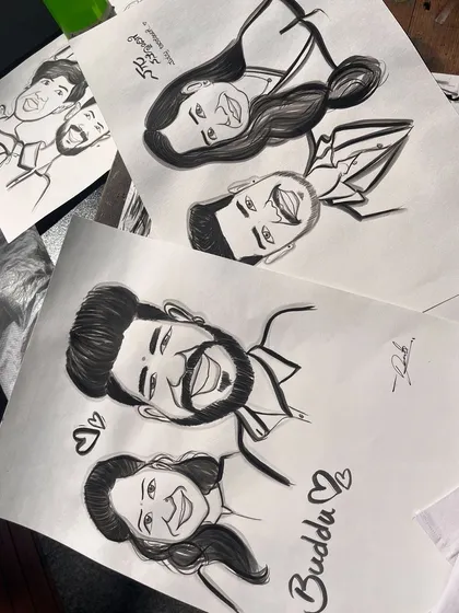 A collection of couple caricatures, showing different styles and poses.