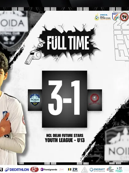 The final score of our opening match in the U13 Delhi Youth League, a solid 3-1 victory to kickstart our campaign.