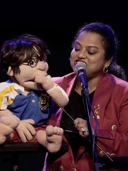 Teaching a young puppet a thing or two on the NMACC stage. My shows for children are designed to be educational as well as entertaining.