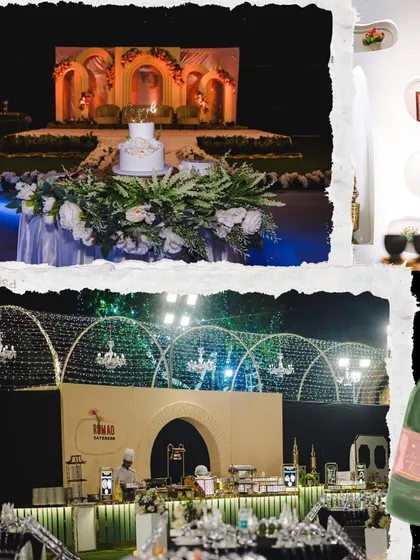 A summary of a beautiful engagement celebration, showing the main stage, the elegant cake table, a stylish bar setup, and a close-up of the well-appointed food and beverage counter.