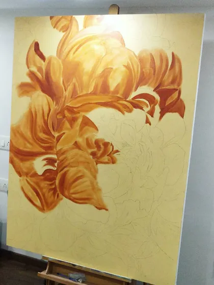 The underpainting for a large floral piece is in progress. This monochromatic layer helps me define the shapes and shadows of the petals before I begin adding color.