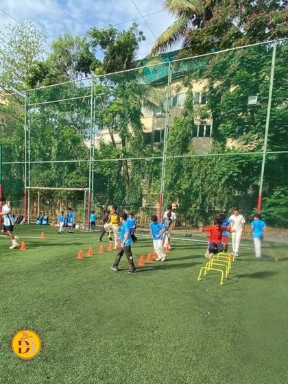 A wide view of our fitness session on the turf. We use a variety of equipment to keep the workouts dynamic and challenging for our young athletes.