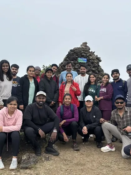 A large group photo at the Kumaraparvatha peak, showing the diverse mix of people who join my treks.