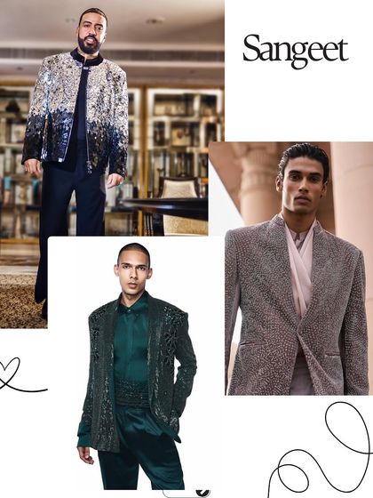 More inspiration for your Sangeet night. Consider a statement sequin jacket for a touch of glamour, a textured grey bandhgala for a subtle yet sophisticated look, or an emerald green silk ensemble for a pop of color.