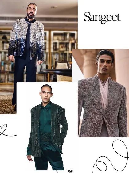More inspiration for your Sangeet night. Consider a statement sequin jacket for a touch of glamour, a textured grey bandhgala for a subtle yet sophisticated look, or an emerald green silk ensemble for a pop of color.