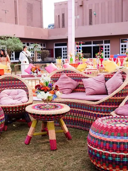 Colourful and quirky woven furniture for a relaxed, carnival-themed seating area. Comfort and style go hand-in-hand.
