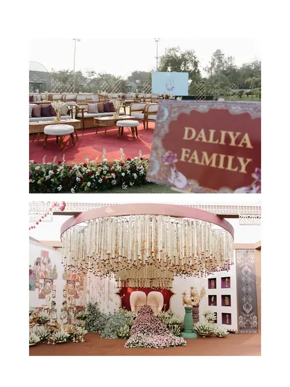 The details matter. This collage highlights the personalized decor, from family signage to the elaborate floral arrangements of the mandap, which all contribute to the wedding's story.