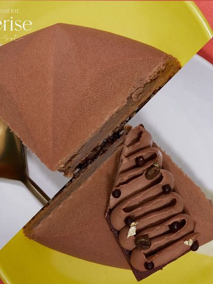 My Mochaccino entremet, before and after its final decoration. This shows the smooth velvet finish and the intricate piping work that completes the dessert.