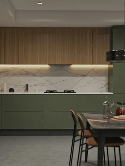 Here is the same kitchen layout rendered in an elegant olive green. Visualizing different color options like this helps you make a confident choice for your home.