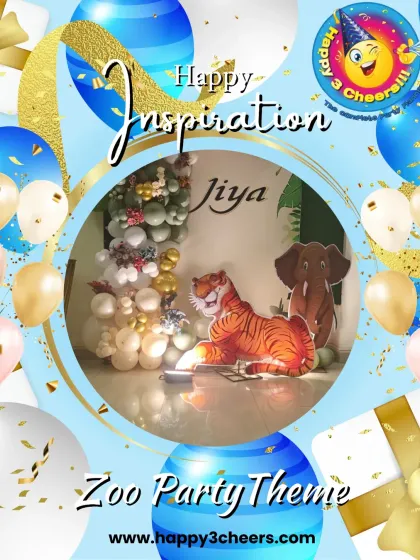 This graphic shows a zoo party theme I can create. It features illuminated tiger and elephant cutouts against a backdrop of green foliage and white balloons, creating a magical nighttime jungle effect.
