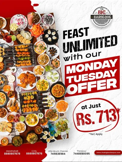 Feast unlimited with our Monday and Tuesday offer. A massive spread of food is all yours for just ₹713.