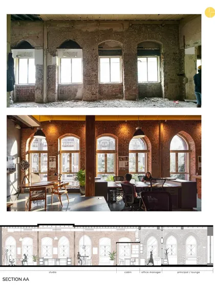 Before and after of the main studio wall. We stripped away the old plaster to reveal the beautiful Victorian-era brickwork. The restored arched windows now flood the workspace with natural light, completely transforming the feel of the room.