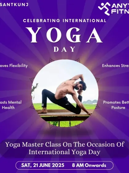 An announcement for our special International Yoga Day master class. This graphic highlights the key benefits of yoga, such as improved flexibility, enhanced strength, and better posture, inviting everyone to celebrate with us.