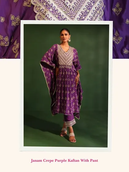 My Janam Crepe Purple Kaftan is the ultimate in comfort and glamour. The rich purple color and embellished neckline make it a perfect choice for a festive evening at home.