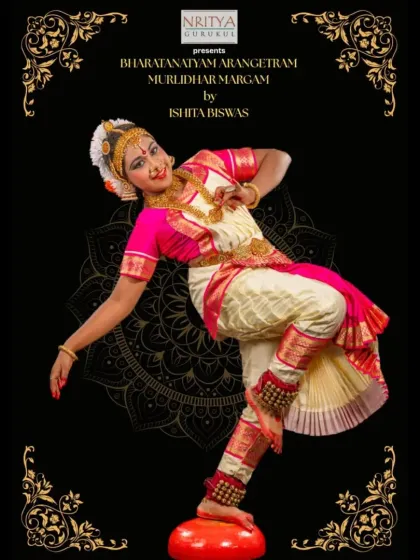 The Arangetram is a dancer's sacred solo debut. This is from the promotional material for my student Ishita Biswas's upcoming Arangetram, a culmination of years of rigorous training. I provide complete guidance for this once-in-a-lifetime performance.
