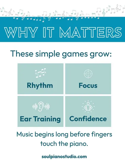 These simple games are powerful tools for development. They grow rhythm, focus, ear training, and confidence, proving that music begins long before little fingers ever touch a piano.