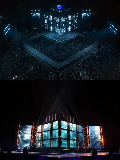 An overhead view of the 'Saiyaara' concert stage rig. The bottom shows the empty stage with just the lighting fixtures, while the top shows the final shot with a massive crowd.