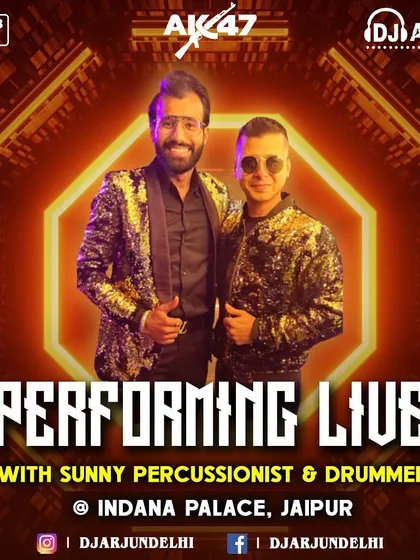 Sharing the stage with the AK47 band, featuring Sunny on percussion and drums, for a show at Indana Palace, Jaipur. This duo format is perfect for adding rhythmic energy.