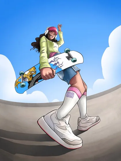 This is an original character I designed, a skater girl with a Spidey-themed board. This full-background version places her in her element at a skate park, giving the scene a sense of action and energy.