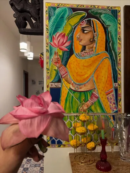 This is one of my early murals, inspired by the elegance of Mughal art. I love painting these pieces that bring a classic, royal vibe into a modern home, making a blank wall feel like a story.