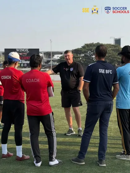 Our coaches in a huddle with BFC Head of Youth Development, Jason Withe, during a Coaches Clinic in Mumbai. This partnership provides our staff with invaluable knowledge.