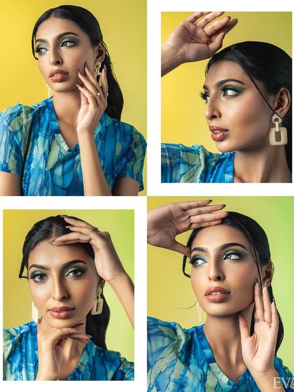 A four-panel grid of portraits, each capturing a different angle and expression. This format provides a comprehensive look at the model's portfolio and is ideal for casting purposes.