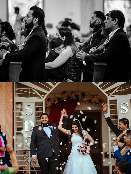 The triumphant exit from the church, showered with petals by friends and family.