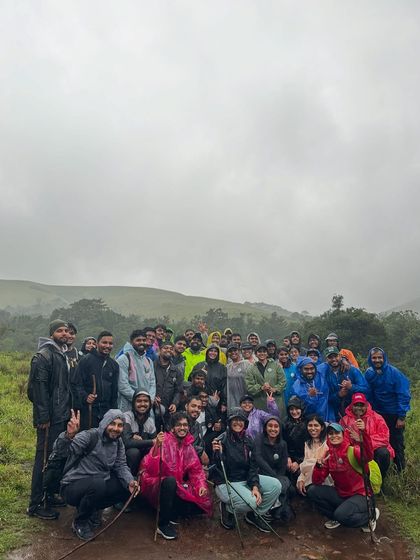 A large and energetic group braving the monsoon weather at Kudremukha. Rain or shine, the adventure never stops with us.