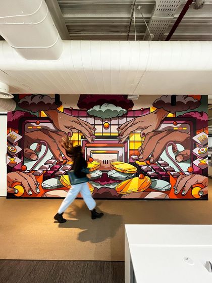 A fun shot of me "walking" past the completed engineering mural.