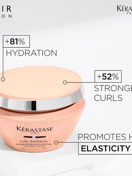 The Kérastase Curl Manifesto Masque is designed for curly hair. It delivers 81% more hydration and results in 52% stronger curls while promoting elasticity for bouncy, well-defined coils.
