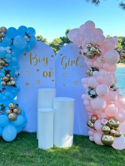 An outdoor "Boy or Girl?" gender reveal by the water. The setup features two white backdrops with pink and blue balloon garlands, creating a beautiful scene for the special announcement.