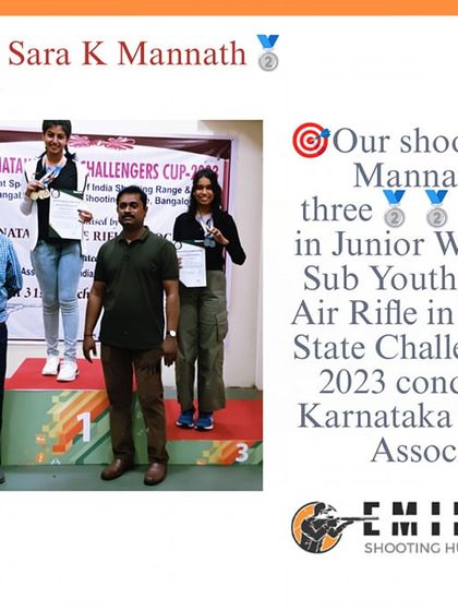 Celebrating Sara K Mannath's incredible achievement of winning three silver medals in the Junior, Youth, and Sub-Youth Women's Air Rifle events at the State Challengers Cup.