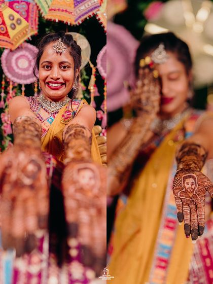 A collage of a bride showing off her intricate mehendi, which includes a portrait of the groom.
