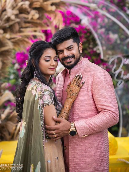 A beautiful couple shot. For Disha's outdoor event, I created a soft and romantic makeup look that felt natural in the daylight and photographed beautifully.