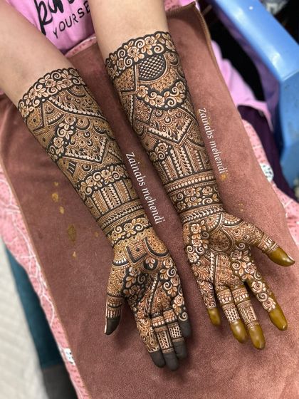 Another view of Shireen's stunning engagement henna, showcasing the dense and detailed work.