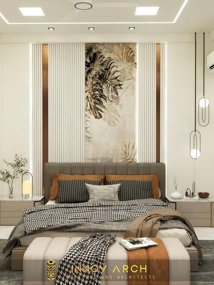 A render of a master bedroom in Noida Sector 19, designed with a minimal and elegant theme. This frontal view highlights the custom headboard wall, which features a beautiful art panel flanked by fluted and metallic details.