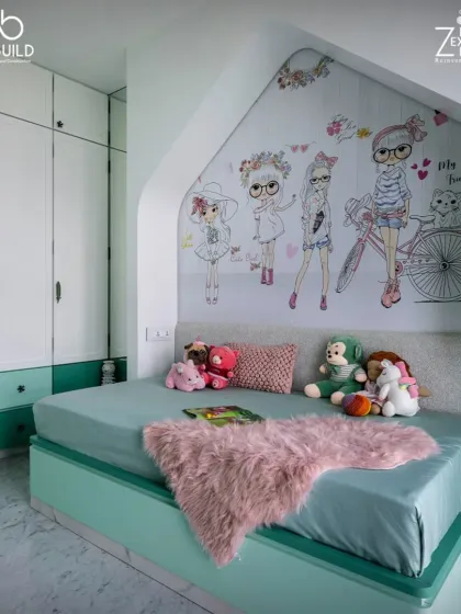 A playful and charming children's bedroom in 'The House of Arcs', featuring a custom wall mural, built-in storage, and a cozy bed nook.