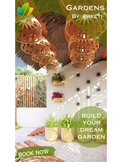A promotional image featuring a bohemian-style garden with bamboo light fixtures and natural textures, encouraging potential clients to build their dream garden with us.