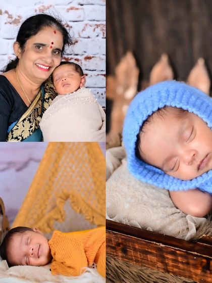 A collection of sweet moments featuring a newborn boy. The collage includes a loving portrait with his grandmother alongside adorable solo shots in different cute outfits.