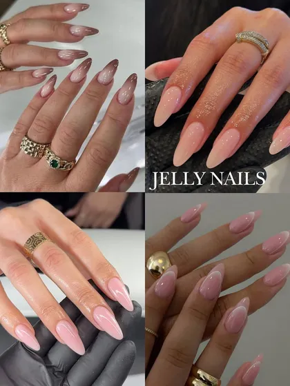 Jelly nails have a translucent, see-through finish that is both playful and chic. This collage features different jelly nail looks, from simple pinks to ombre designs.