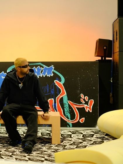 A collage from a photoshoot, featuring me in my element, the DJ booth, and a glimpse of my record collection.