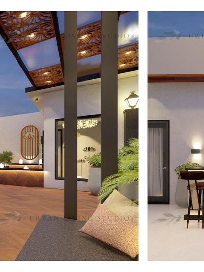 A view from the lounge seating on the Gurgaon terrace, looking towards the bar. The design uses a pergola with a decorative ceiling to define the space.