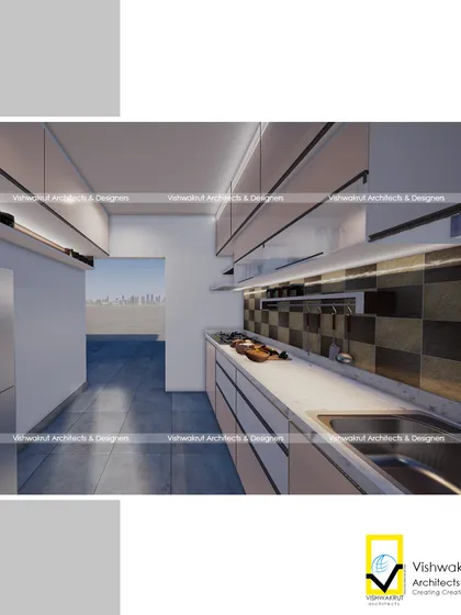 A 3D render of a modular kitchen, showing the sleek look of handleless cabinets and integrated lighting. This design is both minimalist and highly functional.