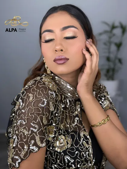 A close-up on the eye makeup, showing the clean application and blending.