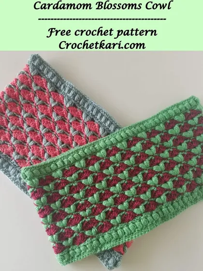 A promotional graphic for my free Cardamom Blossoms cowl pattern.