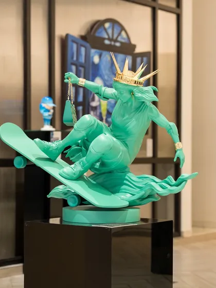 This is where heritage meets hustle. I reimagined the Statue of Liberty for the modern age, capturing her in motion on a skateboard, trading her torch for a luxury handbag. This fibre sculptural installation is a bold statement on freedom, progress, and individuality in today's world.